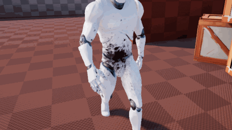 Blood decal sliding across an animated mannequin's torso as it moves.