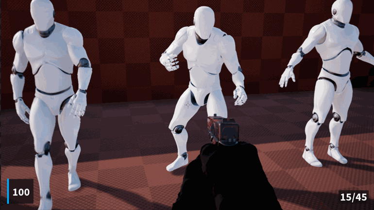 First-person view shooting three mannequins, with wound masks appearing at the hit locations.