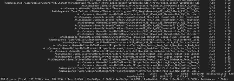 Memory report listing animation sequence assets and their memory usage.