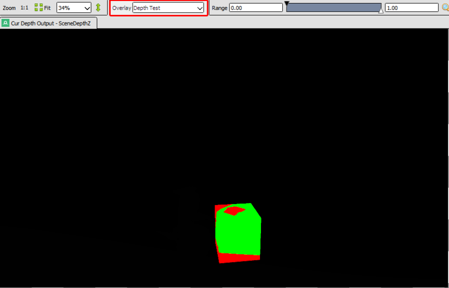 RenderDoc Depth Test overlay showing an occlusion query box with green and red regions.