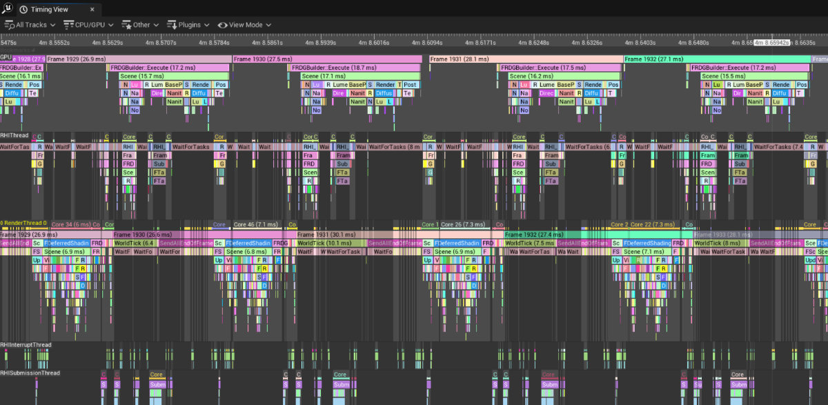 Unreal Insights Timing View showing GPU frames and CPU thread tracks with nested rendering events.