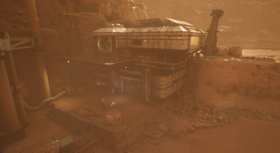 A building in a rocky canyon before freezing rendering to inspect occlusion culling.
