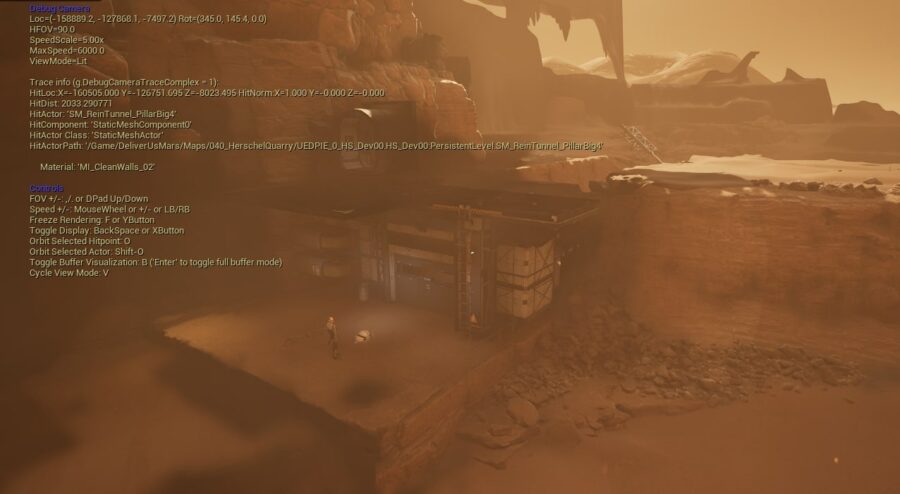 Debug camera view after FreezeRendering, showing the building with culled roof and upper wall sections absent.